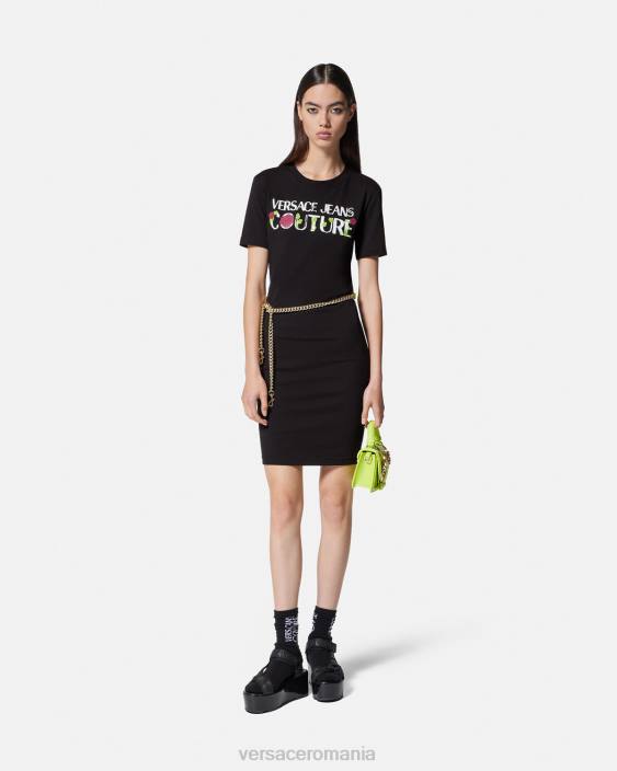 negru rochie tricou cu logo trandafiri Versace femei îmbrăcăminte 40L62157