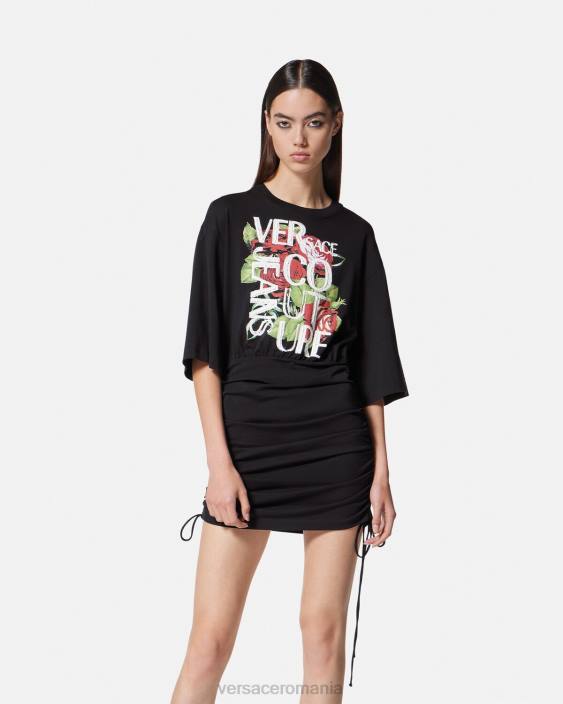 negru rochie tricou cu siret cu logo trandafiri Versace femei îmbrăcăminte 40L62161