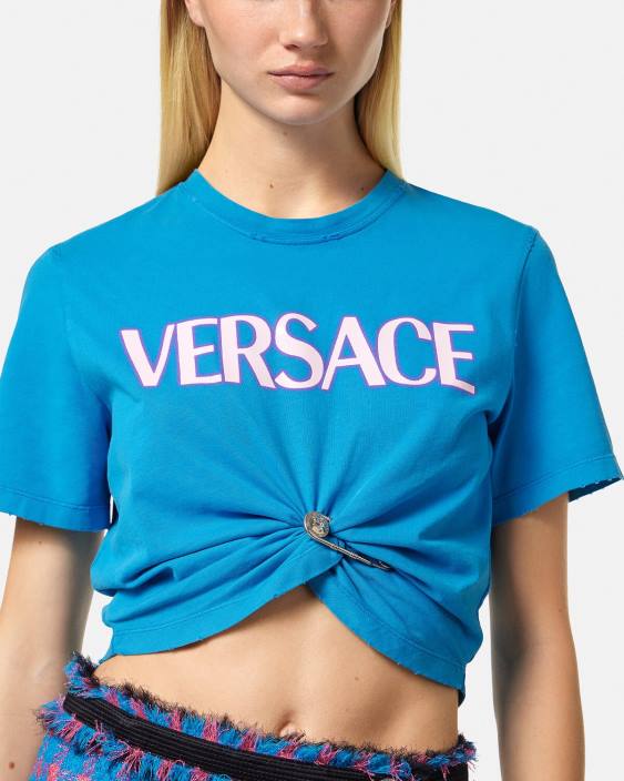 albastru tricou cu logo pentru ac de siguranță Versace femei îmbrăcăminte 40L6140