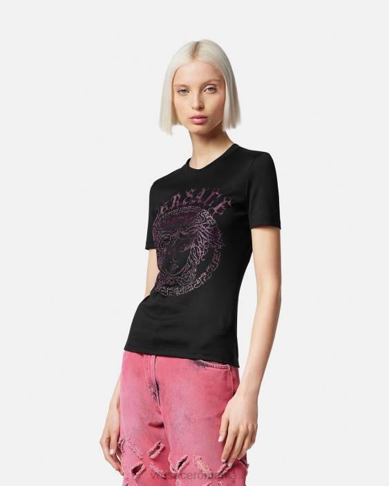 negru roz tricou cu logo medusa cristal Versace femei îmbrăcăminte 40L6153