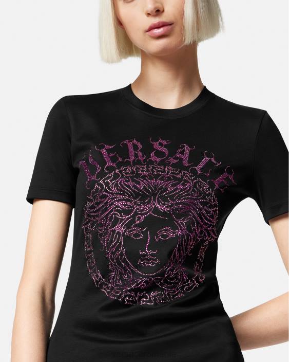 negru roz tricou cu logo medusa cristal Versace femei îmbrăcăminte 40L6153