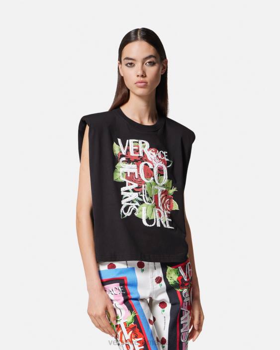 negru tricou cu logo trandafiri Versace femei îmbrăcăminte 40L62174