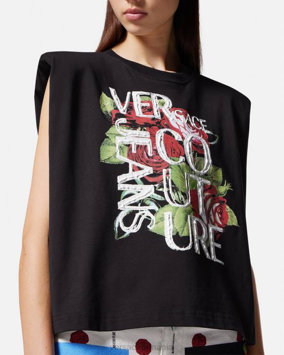 negru tricou cu logo trandafiri Versace femei îmbrăcăminte 40L62174