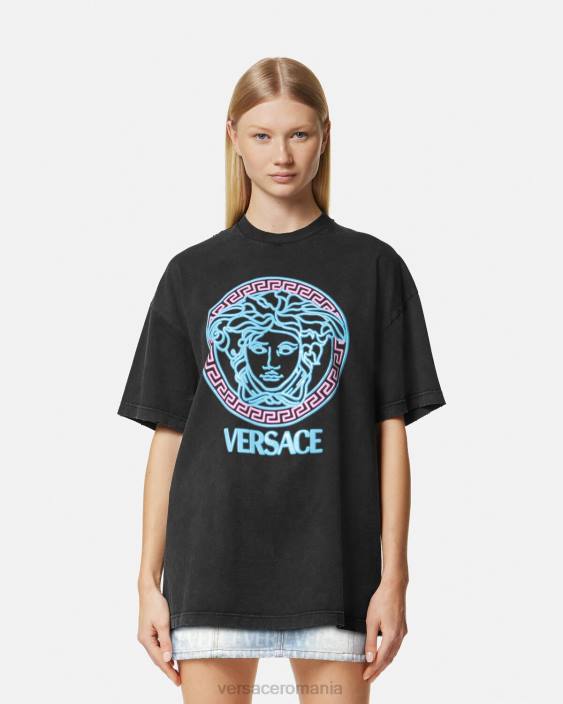 negru tricou învechit cu logo medusa Versace femei îmbrăcăminte 40L6134